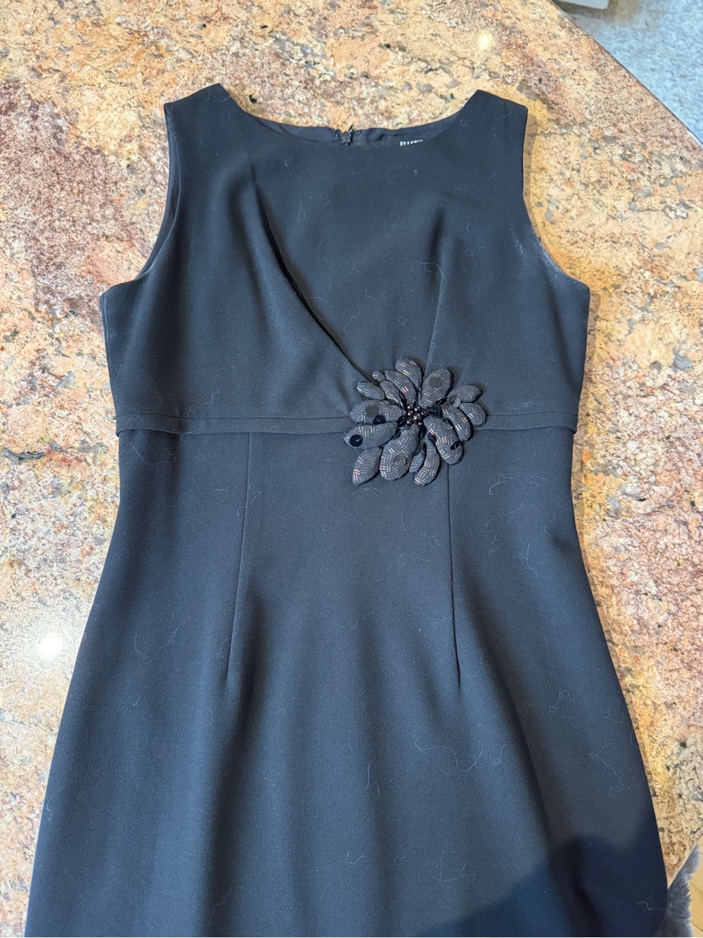 Ellen Tracy Black Sleeveless Dress with subtle sparkling Floral Applique